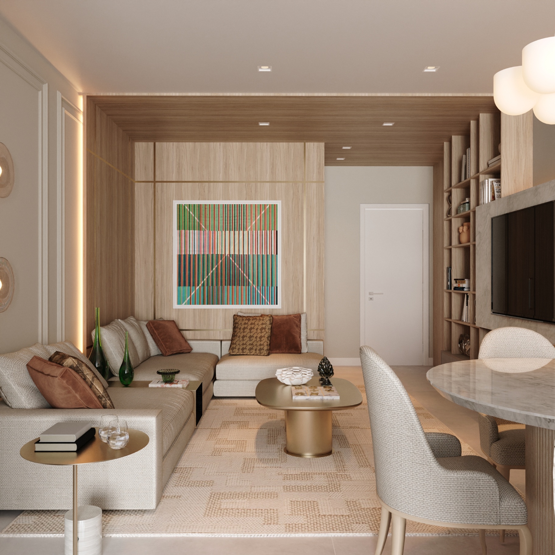 Sala de estar integrada com décor contemporâneo