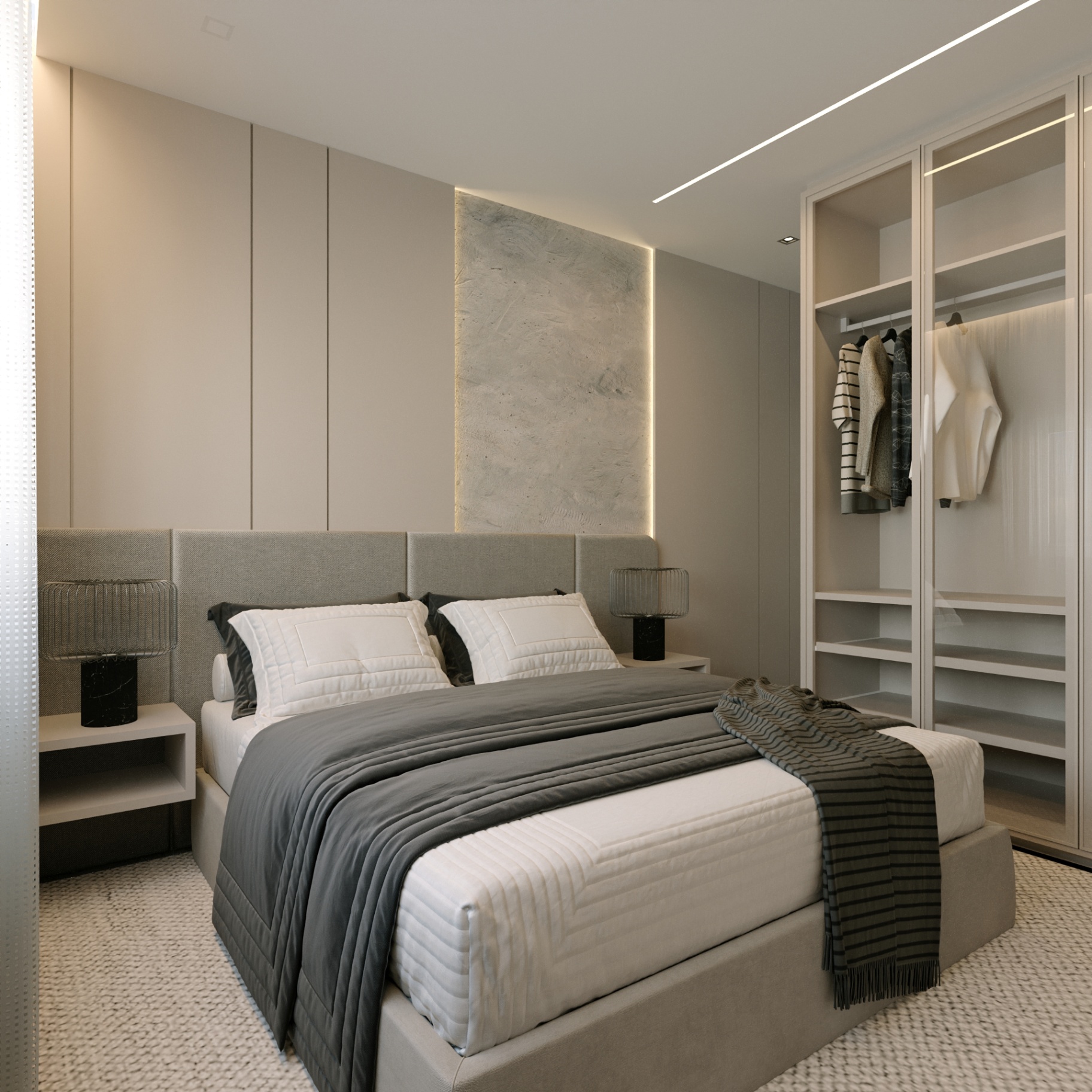 Dormitório com cama de casal e closet integrado