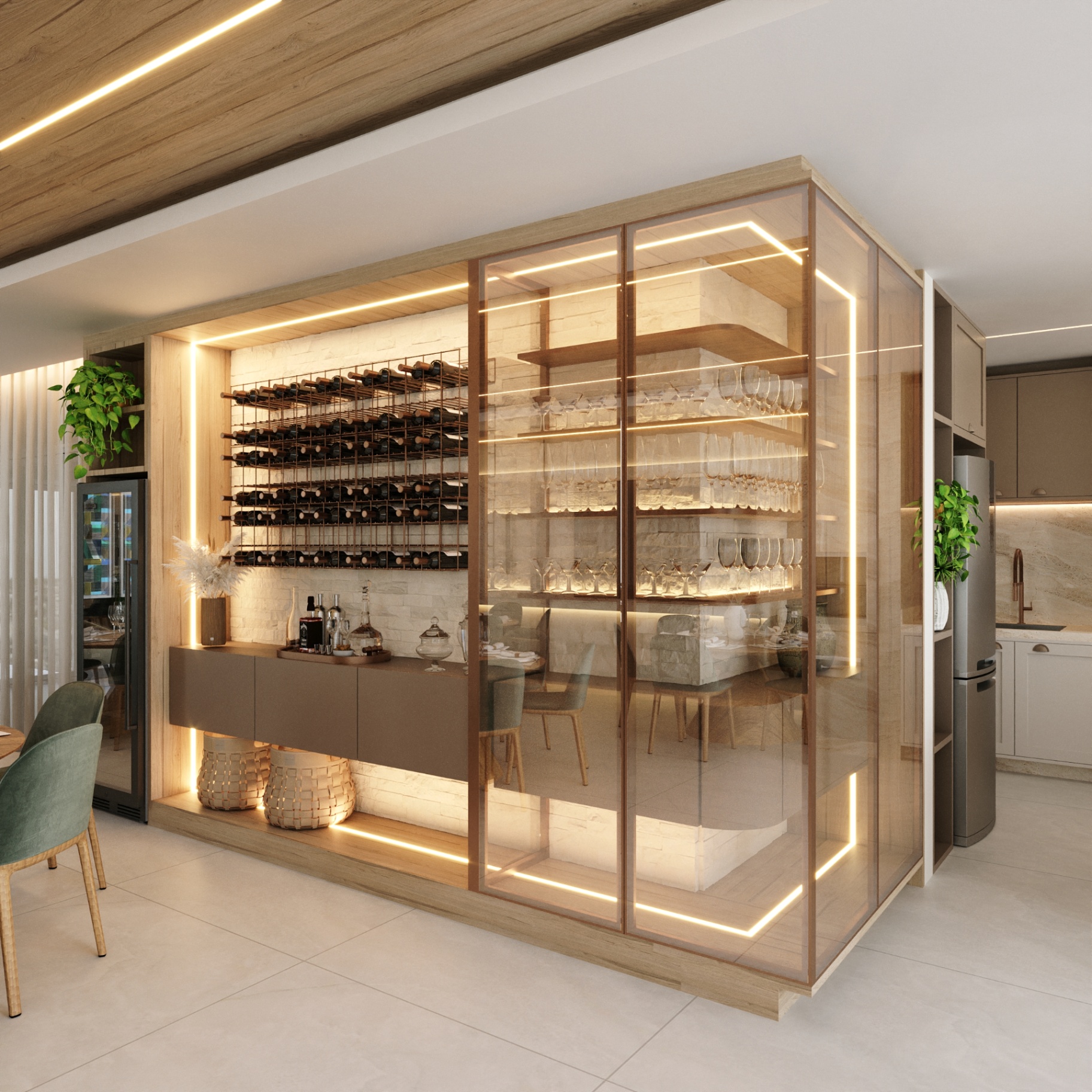 Espaço gourmet com adega e iluminação em LED